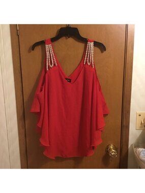 Red Rhinestone Stud Strap Dip Hem Flowy Two Layer Asymmetrical Tank Top 3XL